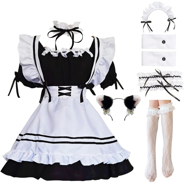 ANEK Maid Outfit Anime Cosplay Lolita Maid Klänning Fransk Piga Kostym Plysch kattöron Strumpor set Svart X-Small