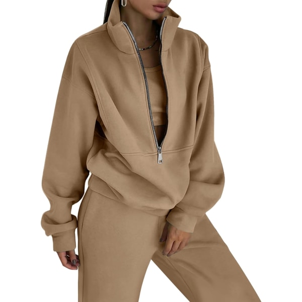 YPOIN dam fleece outfit tvådelad tröja med halv dragkedja och joggingbyxor Set Träningsoverall Khaki Medium