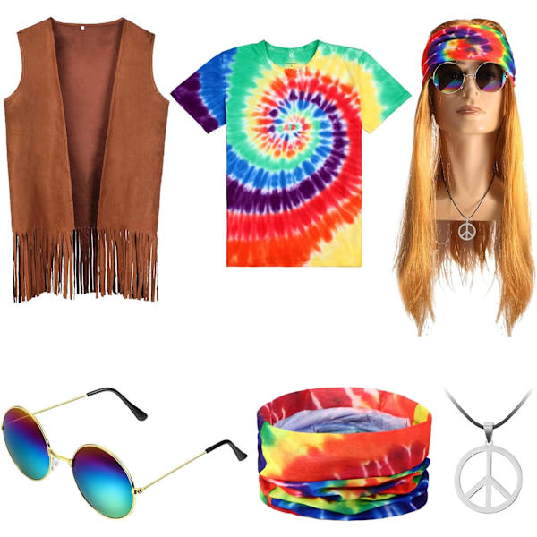 Hippie-kostym Tie-dye T-shirt Fransad väst Fredshalsband Peruk Hårband Solglasögon för kvinnor Män 60-talet 70-talet Halloweenfest Stor