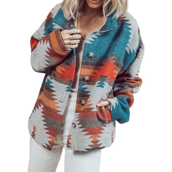 arer Dam Denim Aztec Jacka Krage Långärmad Vintage Knäppning Denim Jacka #3blå X-Large