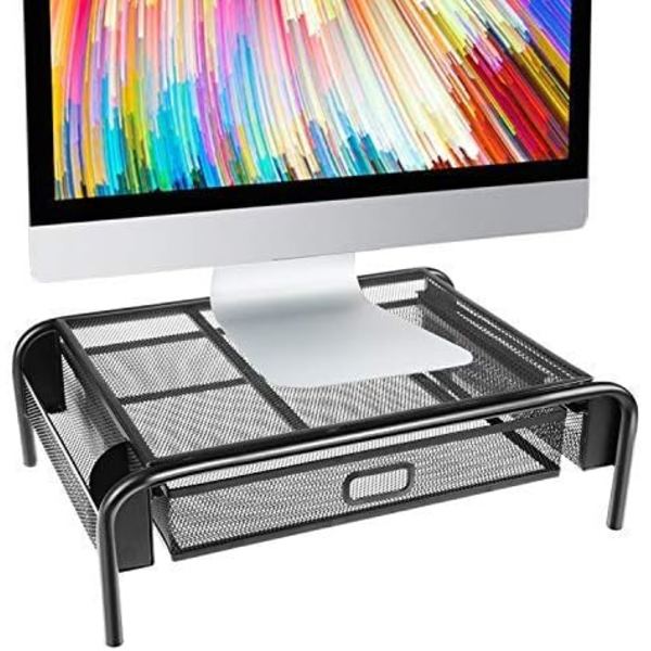 HNUO Monitor Stand Riser, Mesh Metal Printer Stand Holder med utdragbar förvaringslåda och sidofack för dator, bärbar dator, skrivbord, penna