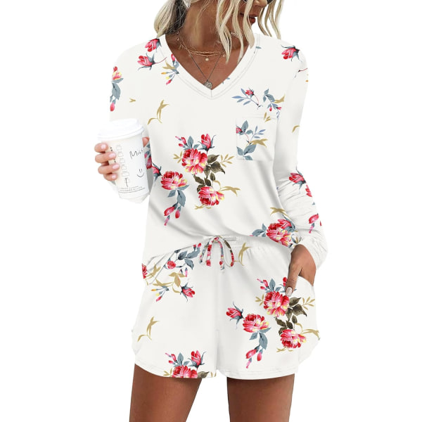 MOON Damkläder Långärmad Lounge Set 2 Delar Söt Kort Pyjamas Set Med Ficka Sovkläder Vit Blommig Medium