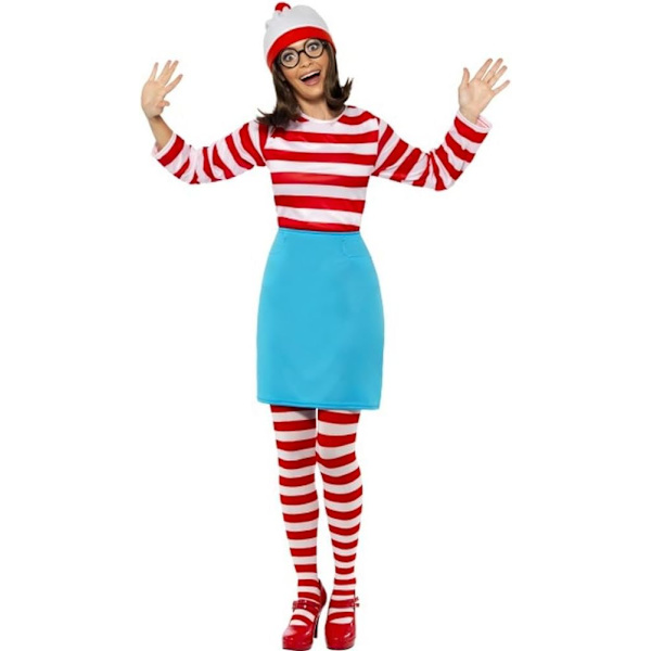 iffys Damkläder Var är Wally? Wenda-dräkt, topp, kjol, glasögon, strumpbyxor och hatt, storlek: L, färg: röd och vit, 39504