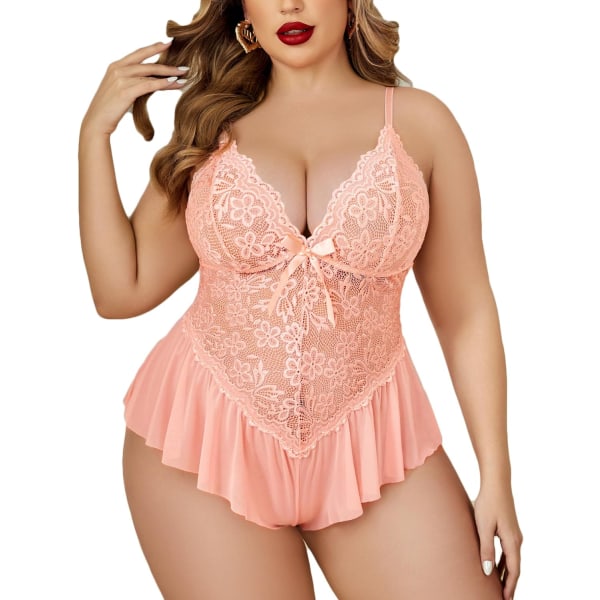 dlove Plus Size Lingerie för kvinnor Spets Bodysuit One Piece Teddy Babydoll Mesh Chemise V-ringad Nattkläder L-4XL Orange Rosa 3X-Large