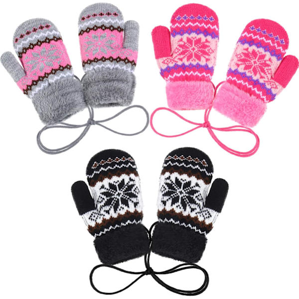 airs Barn Varm Snöflinga Vantar Fleece Foder Stickad Tjockna Vantar med Snöre Grå, Rosa Röd