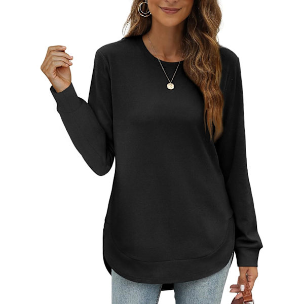 EFAN Damtröja Crewneck Långärmad tröjor för kvinnor Hög Låg Toppar Kurvad Fåll 02-svart X-Large