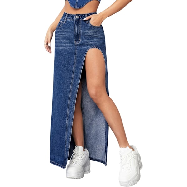 dusa Dam High Waist Split Lår Denim Lång Maxi Kjole Mörk Tvätt Medium