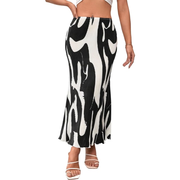 dusa, hög midja, grafiskt print för kvinnor A Line Plisserad lång kjol Svart Multi X-Small
