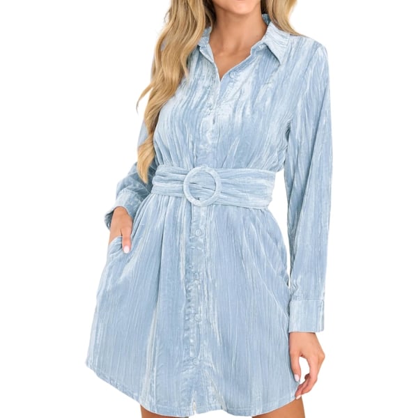ivimos Damskjortklänning Höst sammet Knäppning Långärmad Casual Miniklänning med bälte Ljusblå Medium