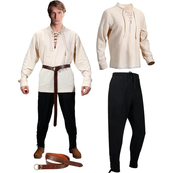 INIOR 3 st Herr medeltida renässanskostym Viking långärmade skjortor Vikingbyxor Medeltida bälte för Pirate Cosplay, X