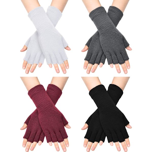 INIOR Fingerless Handskar för Kvinnor Halv Finger Skrivhandskar med Lång Handledsmanschett Vinter Stickade Fingerlösa Vantar för Kvinnor Svart, Vit, D 4