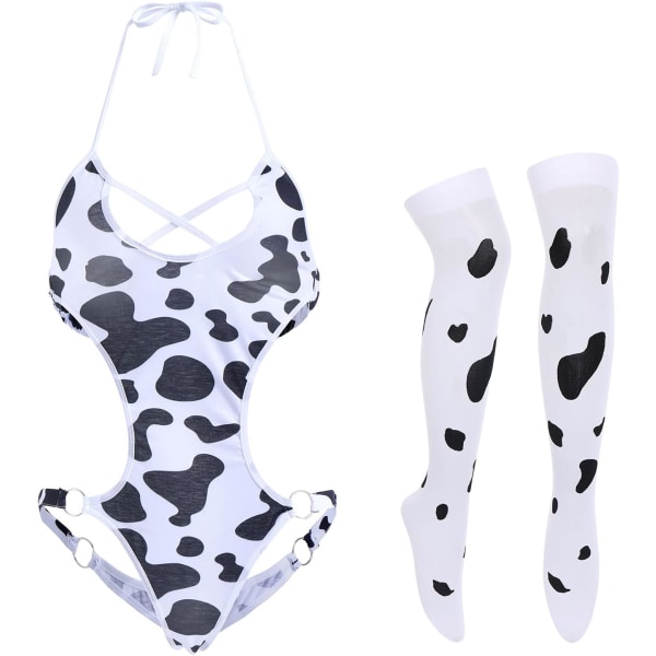 sv Sexig Milk Cow Underkläder Set Anime Maid Cosplay Kostym Mini Bikini BH Body med Bell Choker Strumpor Outfit Vit One Size