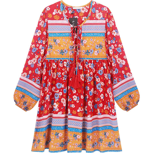 ivimos Dam långärmad blommig casual print bomull miniklänning röd #2 Small