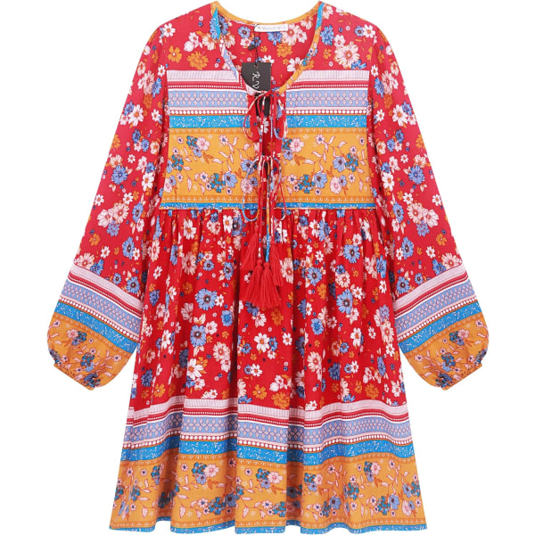 ivimos Långärmad, blommig blommig tunikaklänning i bomull casual print för kvinnor Röd#2 Liten