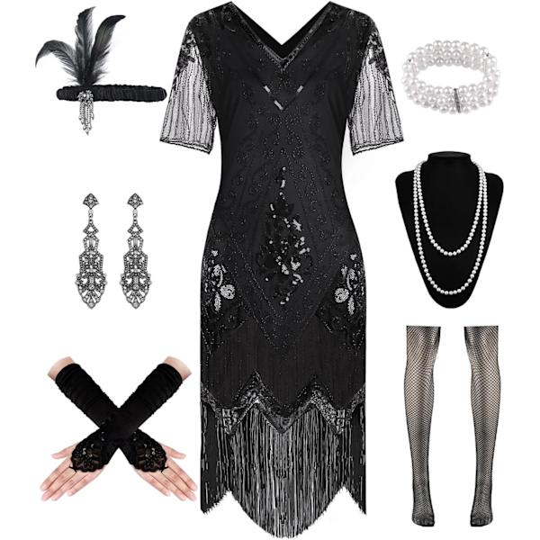 DPARTY 1920-tals dam flapperklänning paljettklänning V-ringad spets fransad Gatsby-klänning kostym med rytande 20-tals accessoarer svart X-Large