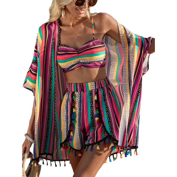 dusa Dam 3-delars outfits Kortärmad öppen framsida Kimono och Boho Cami Top och Tassel Trim Tropiska shorts set Lila Medium