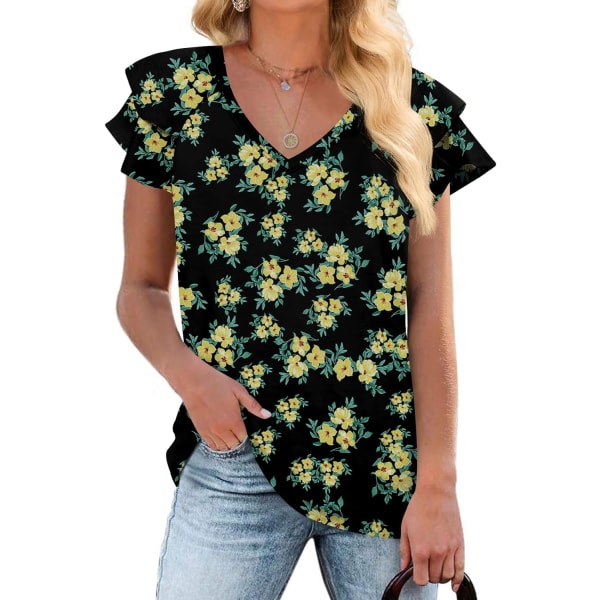 MOON Damkläder Casual Toppar Sommar Volang Korta Ärmar Tunika V-Ringning Lös Passform Flytande T-shirts Plumeria Svart XX-Large