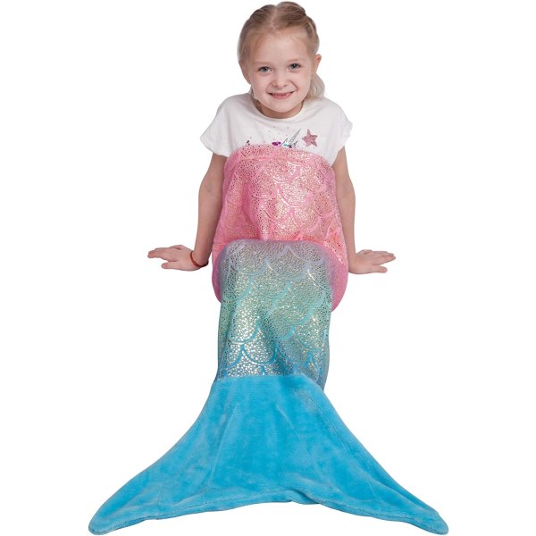 stan Barn Mermaid Tail Filt,Plysch Mjuk Flanell Fleece All Seasons Sovfilt Väska,Rainbow Ombre Glittrande Fiskfjäll Design Snuggle Filt