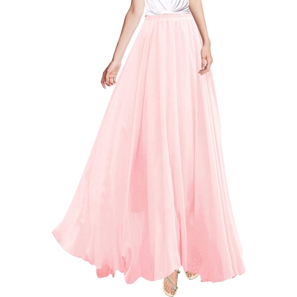 Kvinnor Full/Ankel Längd Elastisk Plisserad Retro Maxi Chiffon Lång Kjol Korall Rosa Liten