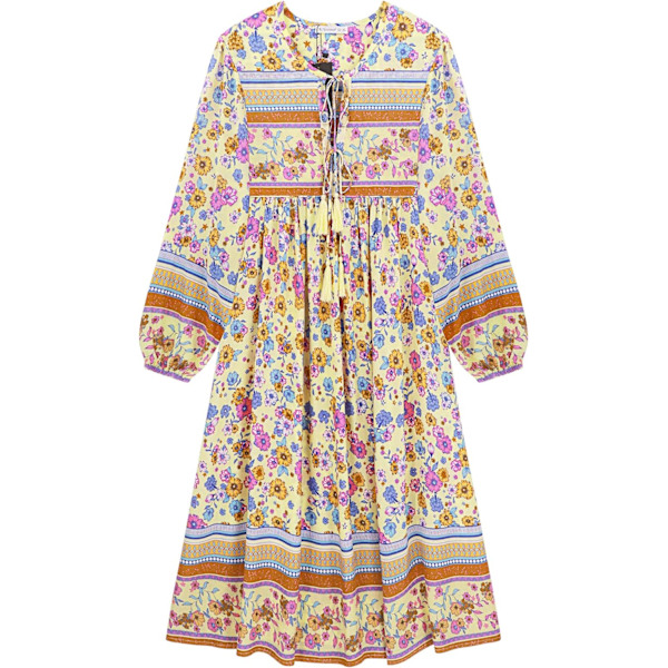 ivimos Dam långärmad blommig retro V-ringning tofs casual bohemisk midiklänningar beige X-Small