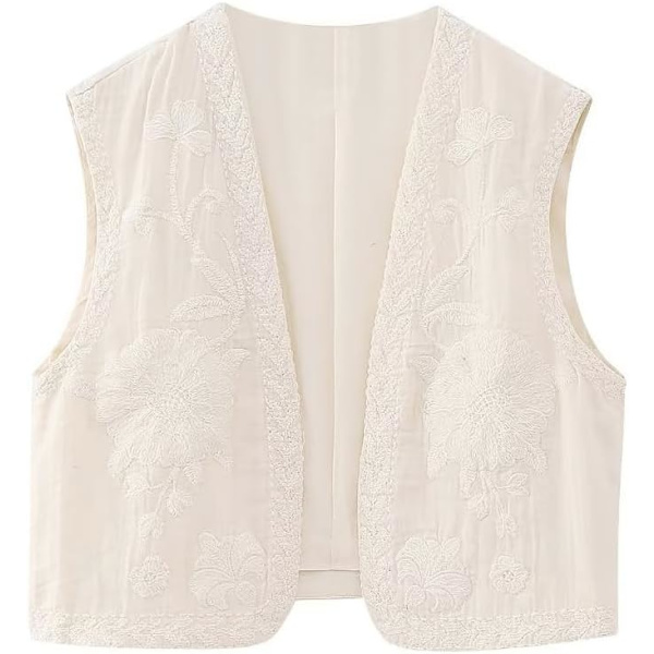 ivimos Dam bomullsbeskuren väst vår sommar ärmlös blommig broderi öppen framsida vintage kofta vit medium