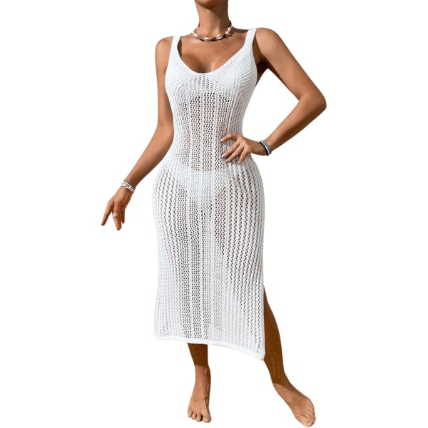 dusa Damkläder Virkade Cover Ups Ihålig Bikini Badkläder Split Lång Strandklänning Vit Solid Liten