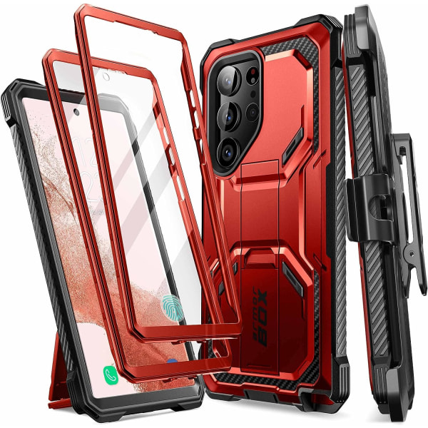 lason Armorbox Designad för Samsung Galaxy S23 Ultra- case med stöd och bältesklämma, [Extra Front Frame] Full-B Ruddy