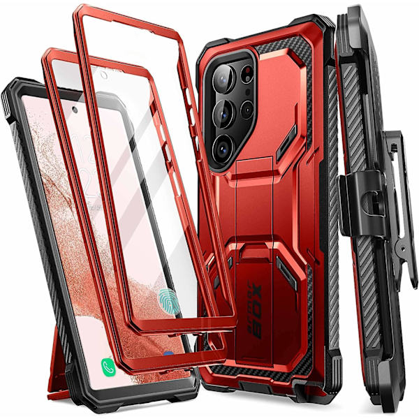 lason Armorbox Designad för Samsung Galaxy S23 Ultra Skal med Stöd och Bältesklämma Holster, [Extra Front Frame] Full-B Ruddy