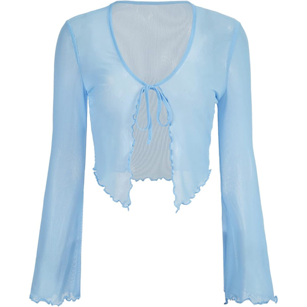 dusa Dam Sheershrug Crop Top Långärmad Tie Front Lettuce Trim Mesh Open Cardigan Top Blå X-Small