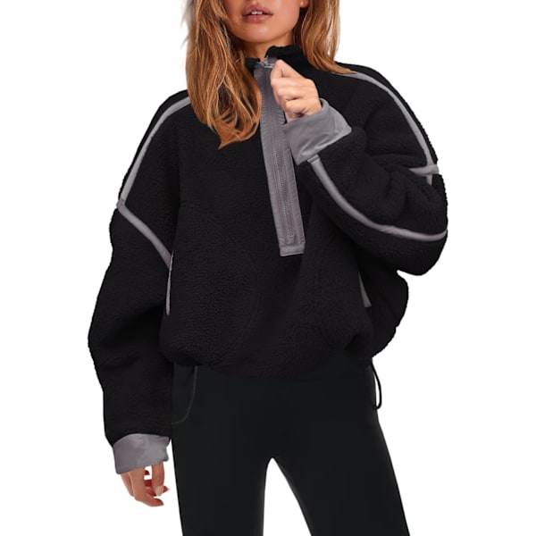 adila Dam Halvblixtlås Sherpa Fleece Pullover Mjuk Oversize Sweatshirt med Fickor Varm Fuzzy Tröja