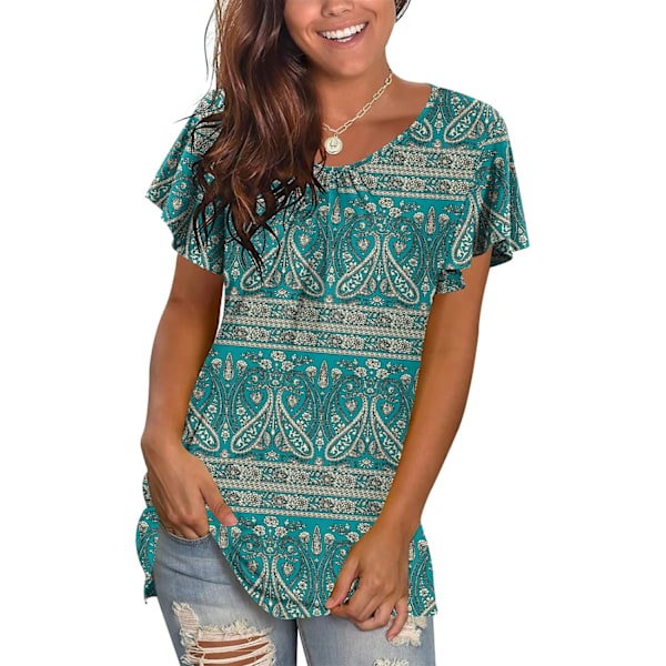 MOON Damtoppar 2024 Sommar Volang Korta Ärmar T-shirts Casual Shirred Crewneck Lös Tunika Topp Blå Khaki Liten