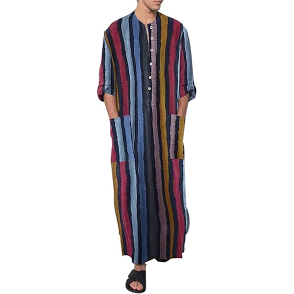 MVA Herr Muslim Klänningar Långärmad Randig Henley Skjortor Kaftan Muslim Lång Klänning Thobe Robe för Män Randig X-Large