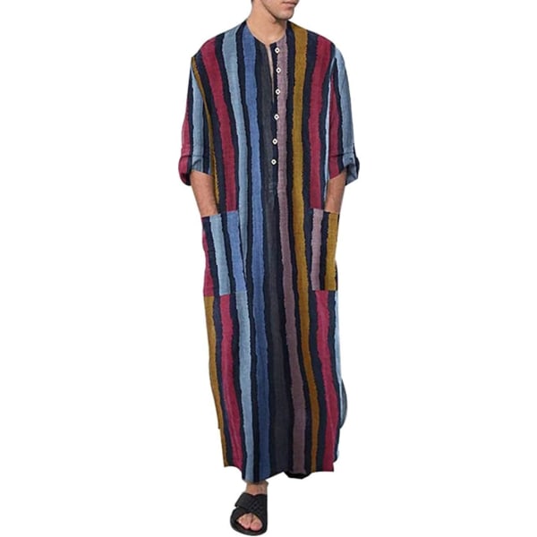 MVA Muslimsklänningar för män Långärmade Randiga Henley-skjortor Kaftan Muslimska långklänning Thobe Robe för män Randig Liten