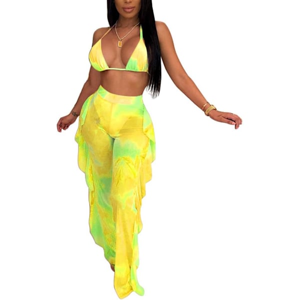 Beading Pearl See Through Sheer Mesh 2 Pieces Outfits Jumpsuits Crop Top och Hollow Out Ruffle Long Pants Tie Dye Yellow 4X-Large