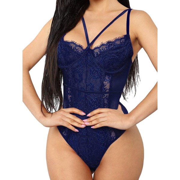 Genom Lingerie, V-ringad spetsbody, sexig underkläder för kvinnor, en del body Navy Medium