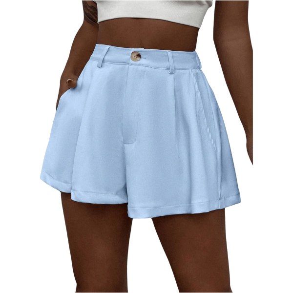 dusa kvinnors elastiska hög midja plisserade shorts med breda ben med ficka ljusblå liten