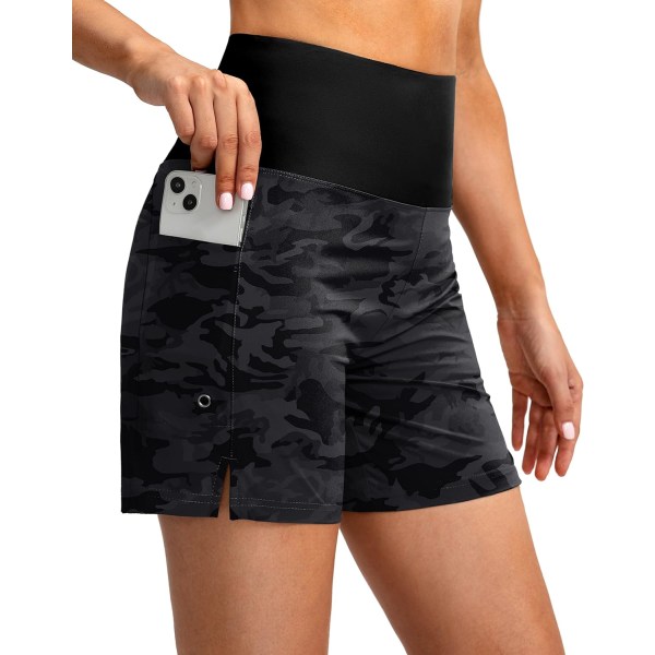 dubbla kvinnors 5" högmidjade simbrädeshorts med telefonfickor UPF 50+ Quick Dry strandshorts för kvinnor med liner Grå camo X-Small