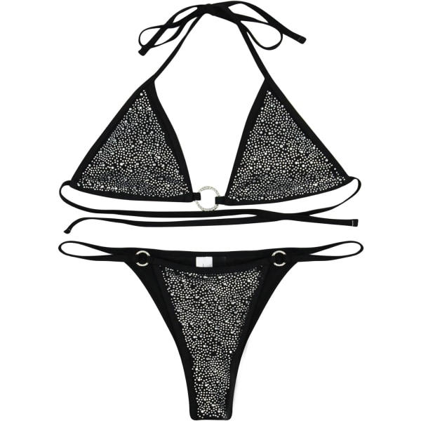 en's Sexy Sparkly Rhinestone Triangle Bikini 2-delad O-ring Tie Back String String String Baddräkt Svart Medium