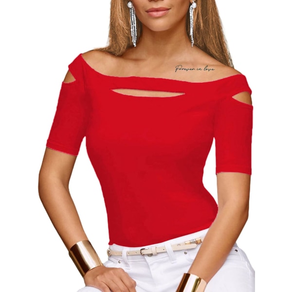 oco 80-tals off Shoulder-tröjor för damer Kortärmad Casual Loose Fit Blus T-shirt Röd Solid Liten