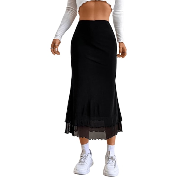 dusa Dam Lettucs Trim Hög Midja Mesh Fiskstjärt Bodycon Lång Kjol Svart X-Large