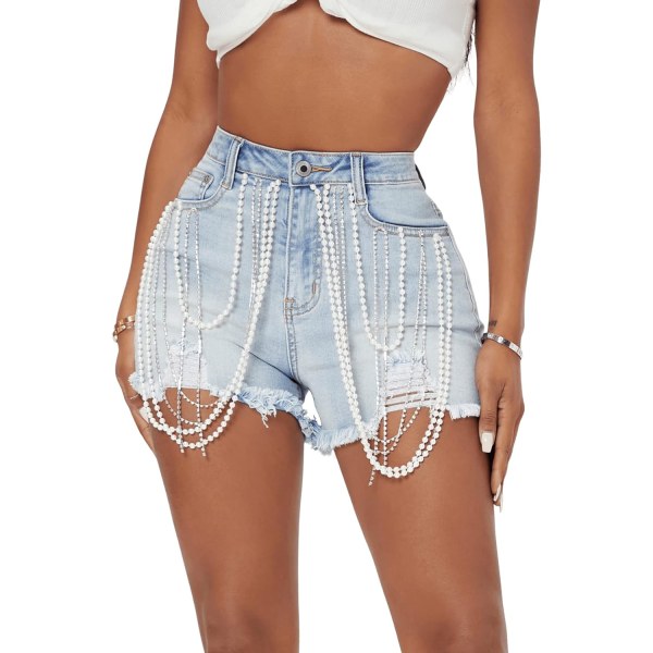 dusa Dam High Waisted Rhinestone Fringe Trim Denim Shorts Light Wash Blue Medium