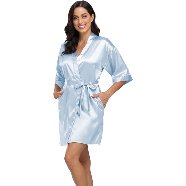 Bund Satinrock för kvinnor Silke Kimono Morgonrock Ren kort Sexig nattkläder Brudtärna Brud Festrockar med fickor Himmelsblå Liten