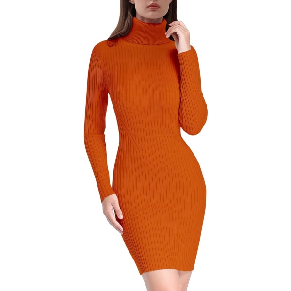 Kvinnor Turtleneck Långärmad Bodycon Höst Vinter Mini Slim Stickad Tröja Klänning Orange Liten