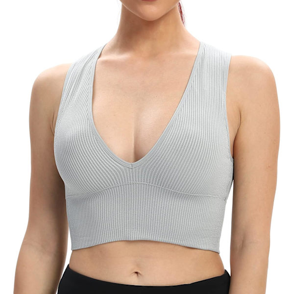 bond Dam Sexy Ärmlös Sömlös Crop Top Djup V-ringad Ribbad Tank Top med Avtagbara Kuddar
