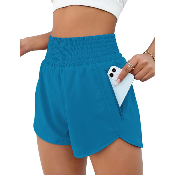 L Dam Athletic Shorts Hög Midja Löparshorts Fickor Sportiga Shorts Gym Elastiska Träningsshorts