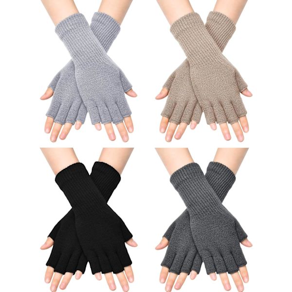 INIOR Fingerless Handskar för Kvinnor Halv Finger Skrivhandskar med Lång Handledsmanschett Vinter Stickade Fingerless Vantar för Kvinnor Svart, Mörkgrå 4