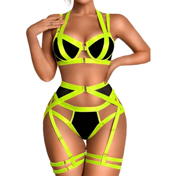 i&Shi Strappy Harness, All Adjustable, Underwire Racerback, 4pc Garter Set Neon Green Stra 0-2