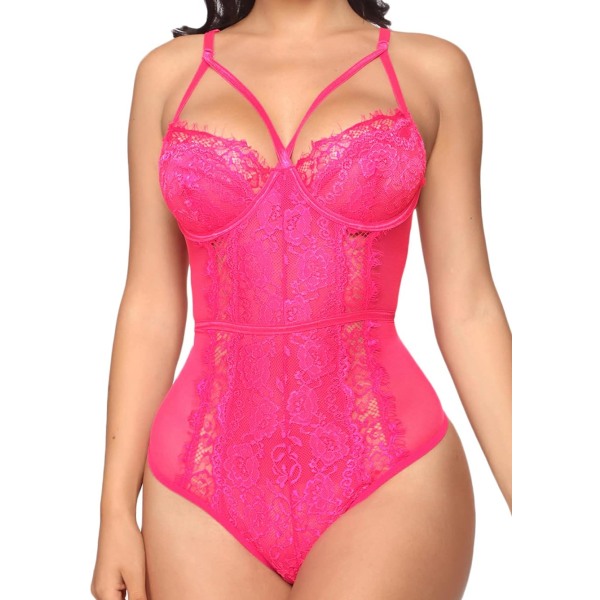 Genom Lingerie, V-hals spets body, sexig underkläder kvinnor, en del body rosa röd stor