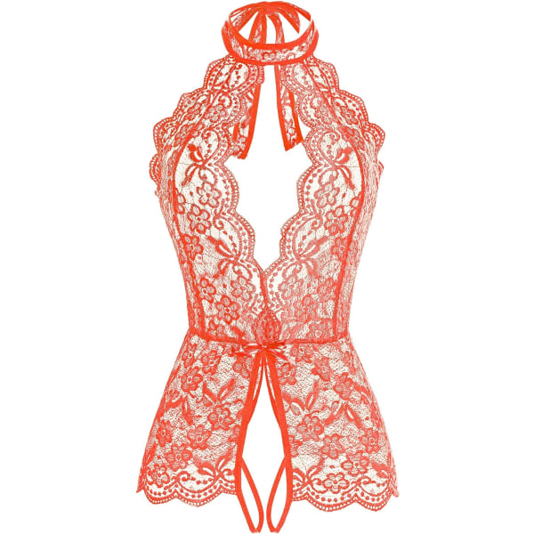 en Lingerie för kvinnor djup V-ringad halterneck en del teddy body orange rosa medium