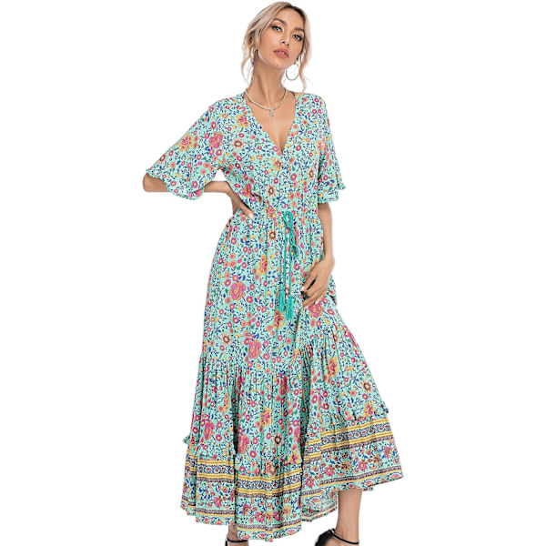 ivimos Dam Sommar Bomull Kortärmad V-hals Blommig Tryck Casual Bohemian Midiklänningar Grön#2 X-Large